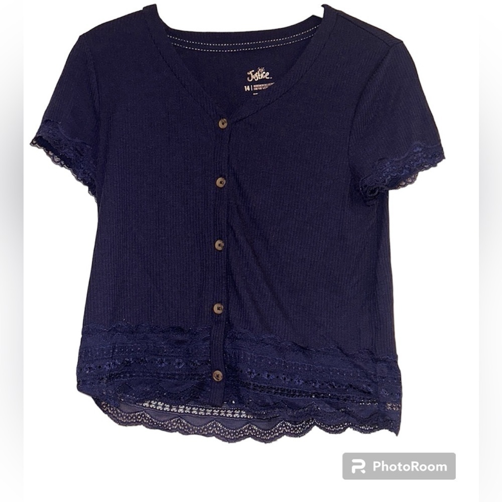 Justice‎ navy blue lace trim size 14 v neck button front top lightweight spring